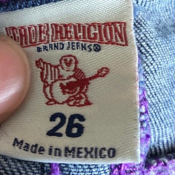True Religion Womens Jeans Blue Denim Purple Stitching Distress Capri Stretch 26 - Picture 4 of 11